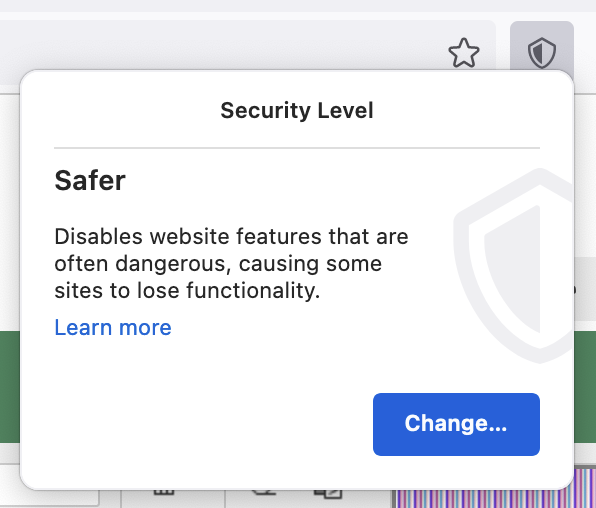 Pop-up of the security settings of Tor Browser