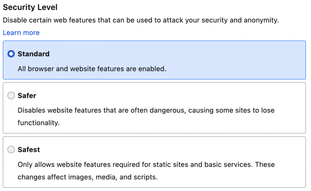 The security level section of Tor Browser general settings