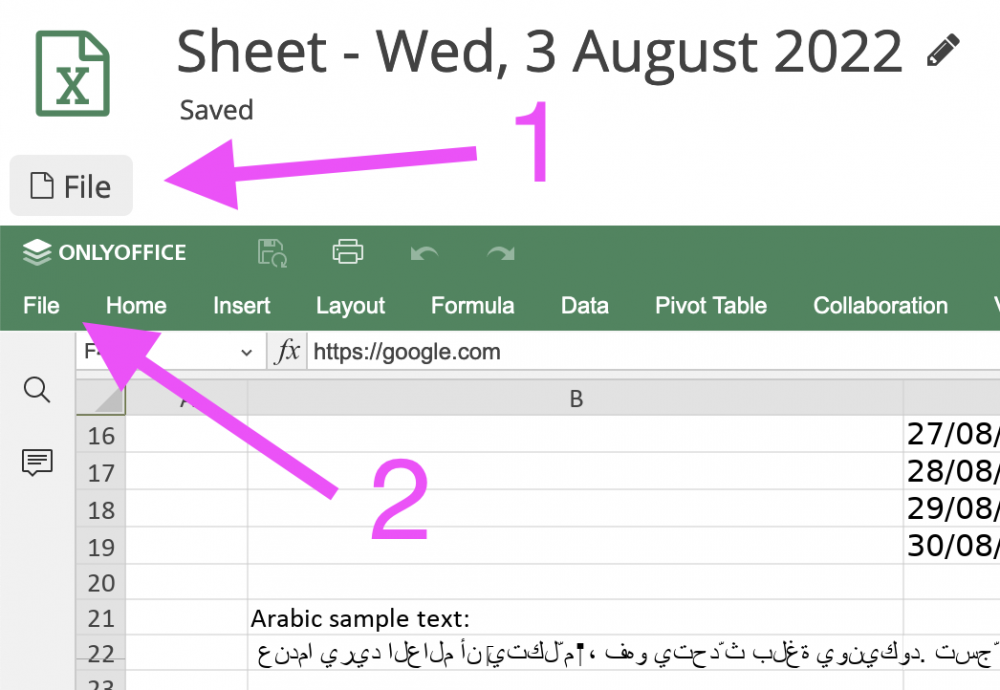 Screenshot of CryptPad Spreadsheet with two File menu buttons