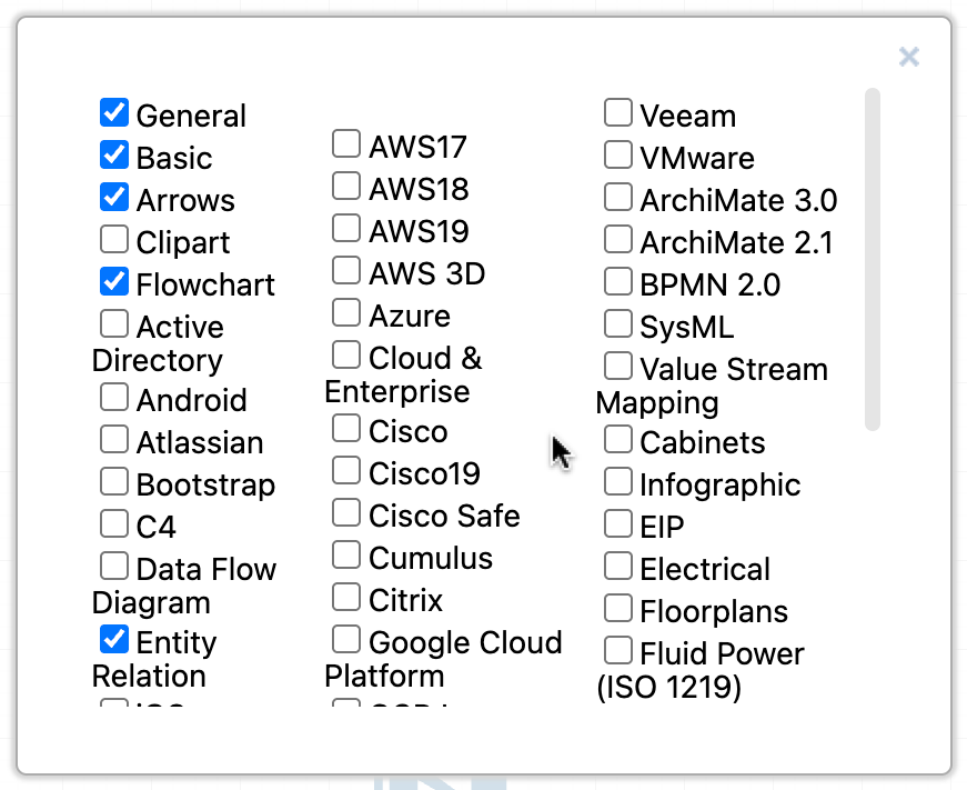Screenshot of the More Shape DrawIO interface, depicting a list of icon sets that can be added to your document
