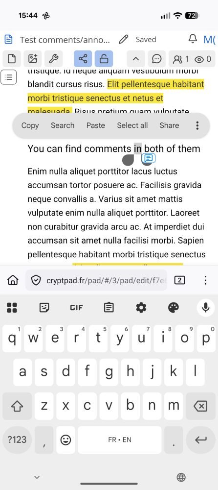 CryptPad Rich Text screenshot where a word is selected and can be copied